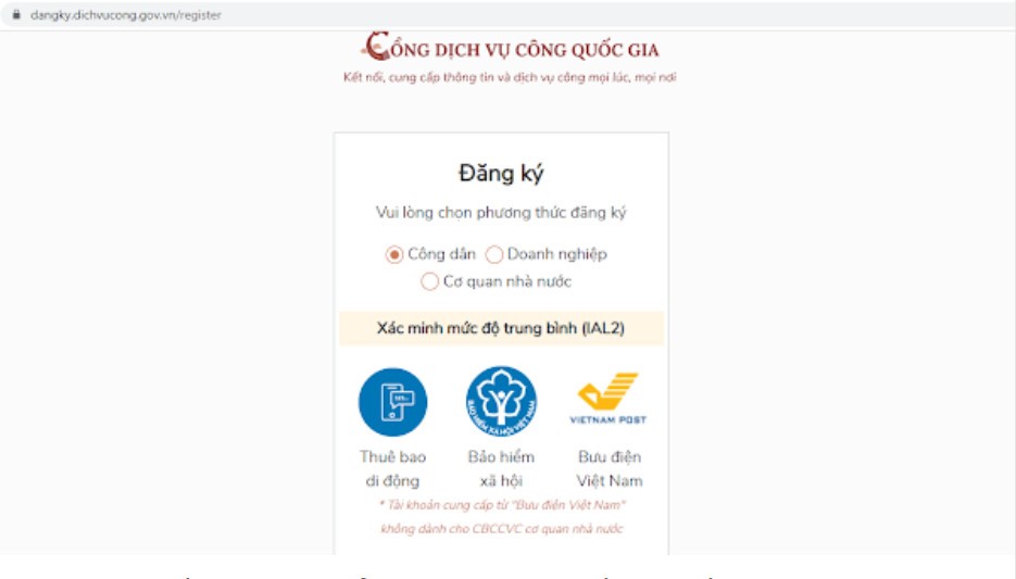 Đăng nhập bằng tài khoản Cổng Dịch Vụ Công Quốc Gia. Nếu chưa có, bạn đăng ký tài khoản mới tại địa chỉ: https://dichvucong.gov.vn